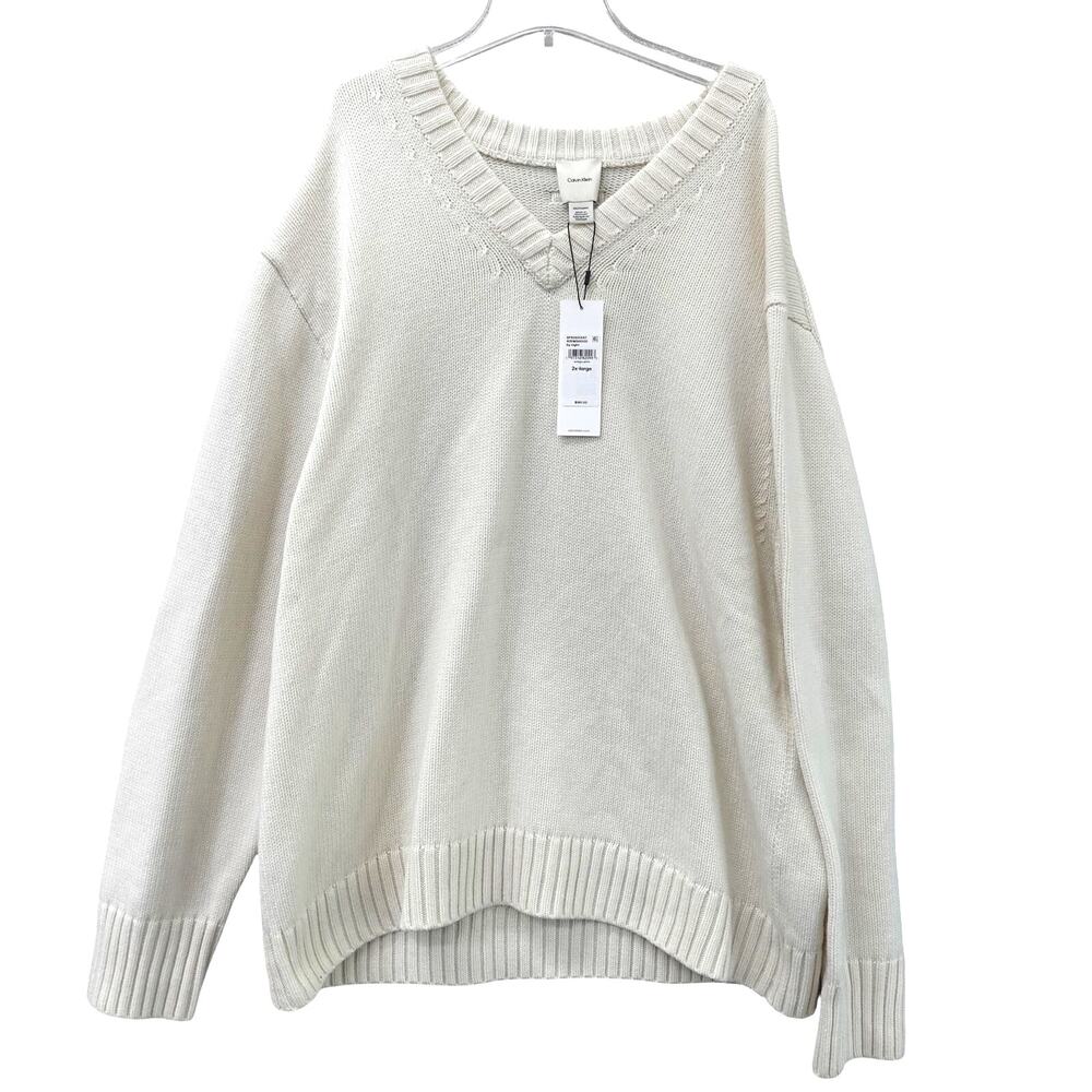 Calvin Klein Wool Blend V-Neck Sweater Antique White- 2XL